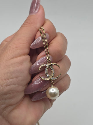 Chanel Gold-tone Faux Pearl  Strass CC Pendant Necklace