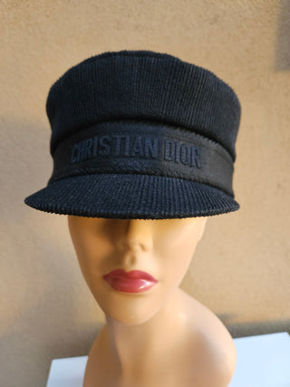 Christian Dior Black Corduroy Logo Printed Newsboy Hat S sz