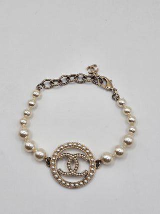 Chanel Gold-tone Faux Pearl Interlocking CC Charm Bracelet