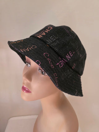 Chanel Black multicolor logo printed denim bucket hat S sz