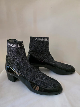 Chanel Black Logo Printed 2017 Patent Leather Sock Boots 40.5 EU