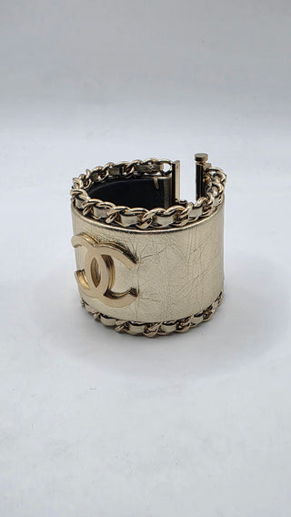 Chanel Gold-tone Leather Interlocking CC Wide Bracelet