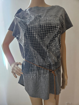 Louis Vuitton Grey 2011 LV Print Bateau Neckline Belted Top XL sz