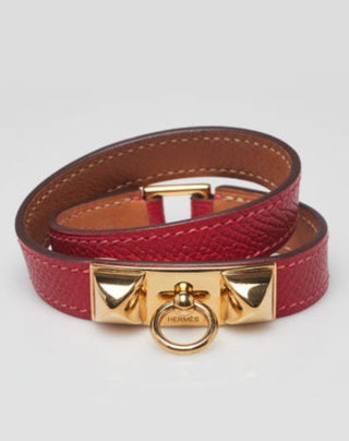 Hermes Rouge Casaque Epsom Leather Gold Plated Rivale Double Tour Bracelet XS