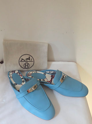 Hermes Ciel Blue Calfskin Leather Palladium Plated Oz Mules 38.5 sz