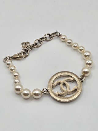 Chanel Gold-tone Faux Pearl Interlocking CC Charm Bracelet