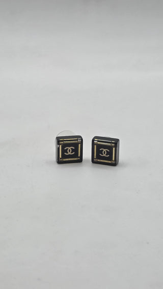 Chanel Gold-tone Black Resin Interlocking CC Stud Earrings