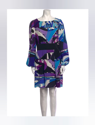 Emilio Pucci Blue purple multicolor signature print long-sleeved dress 6 sz