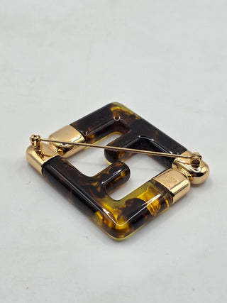 Fendi Gold-tone Resin Tortoiseshells FF Zucca Logo Pin Brooch