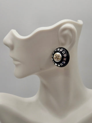 Chanel Black Resin Faux Pearl Crystal CC Stud Earrings