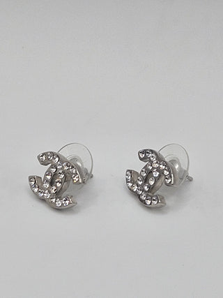 Chanel Silver-tone Strass Interlocking CC Stud Earrings