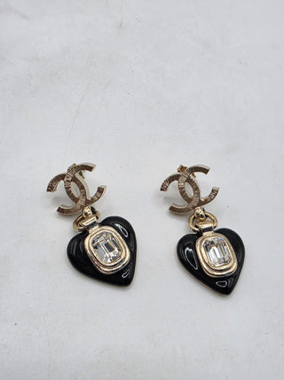 Chanel Strass Enamel Interlocking CC Heart Drop Earrings