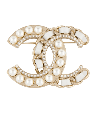 Chanel Gold-tone Faux Pearl, Strass, Leather Interlocking CC Brooch