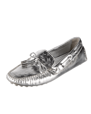 Louis Vuitton Metallic Silver Leather LV Monogram Loafers 38.5 EU