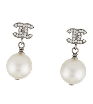 Chanel 2020 Silver-tone Strass Faux Pearl CC Drop Earrings