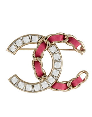 Chanel Pink Leather Gold-tone Strass Interlocking CC Brooch