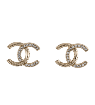 Chanel Gold-tone Metal Strass Interlocking CC Quilted Stud Earrings