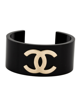 Chanel Black Resin Gold-tone Interlocking CC Wide Cuff Bracelet